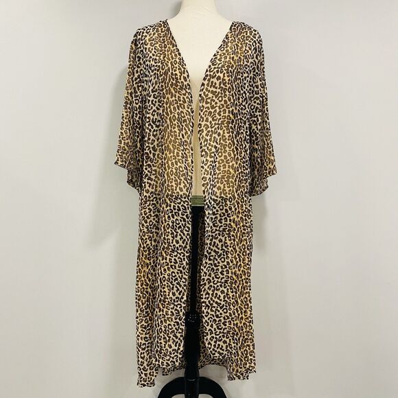 Zury Sweaters - ZURY NWT OS Leopard Print Long Open Duster Kimono Cardigan Sheer Beach Cover Up